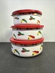6 Pc Vintage Kobe? Chili Pepper Enamel Metal Stacking Bowls Plastic & Lids *read. Fixed Price $25.00.