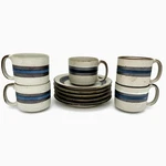 Vtg Set Of 5 Otagiri Horizon Flat Cups & Saucers Brown Blue Stripe Japan Mcm. Fixed Price $42.00.