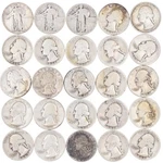 Multiple Years Standing Liberty Washington Quarters 90% Silver Set Of 77. Fixed Price $1186.99.