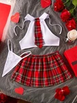 Women's 4PCS Plaid School Girl Role Play Set, Includes Top, Skirt, Tie, & Thong. Fixed Price $19.99.