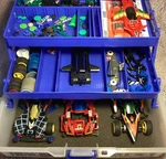 Vtg Tamiya Mini 4WD Racer's Super Box #15144 + Lots Of Parts, 3 Cars & One Plane. Fixed Price $100.00.