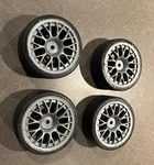 Tamiya 24MM +2MM Offset Bbs Mesh Grey Wheels W/type Tires (X4) TT01/TT02/TRF. Fixed Price $13.79.